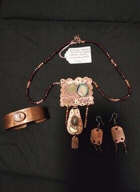 Handcrafted Copper and Garnet Pendant Necklace with Matching Earrings & Bracelet